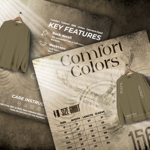 Tabla de tallas Comfort Colors 1566 y paquete de características clave, Efecto ciervo, Acerca de este archivo de listado de camisetas, Instrucciones de lavado descargables