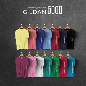 Carta de colores Gildan 5000, archivos editables completos, carta de maquetas de camisetas para impresión bajo demanda, carta de colores Printful