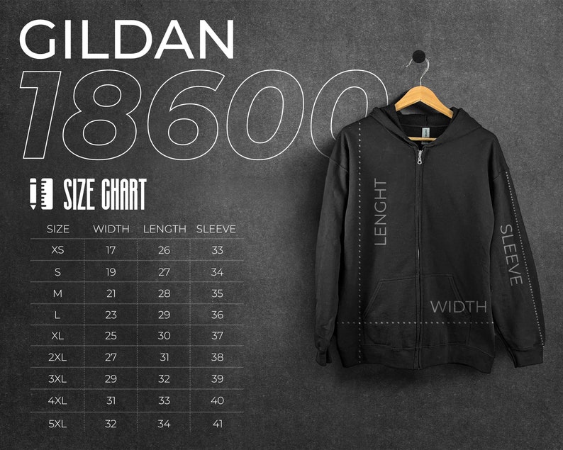 Gildan 18600 Size Chart, Gildan 18600 Mockup, Color Chart, Black Hooded ...