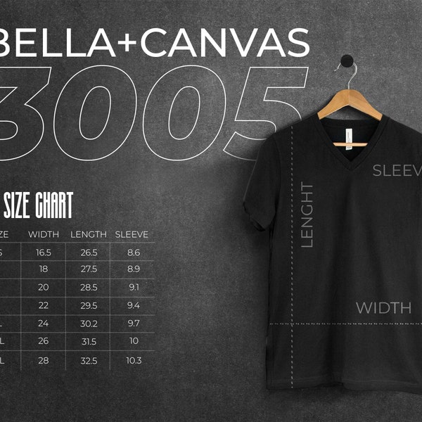 Bella Canvas 3005 Size Chart, T shirt Measurements, 3005 Size Chart, Unisex Jersey Short Sleeve V-Neck Tee, Bella Canvas Size Chart