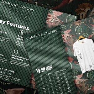 Tabla de tallas Comfort Colors 1717 y paquete de características clave, Efecto marrón, Acerca de este archivo de listado de camisetas, Instrucciones de lavado descargables