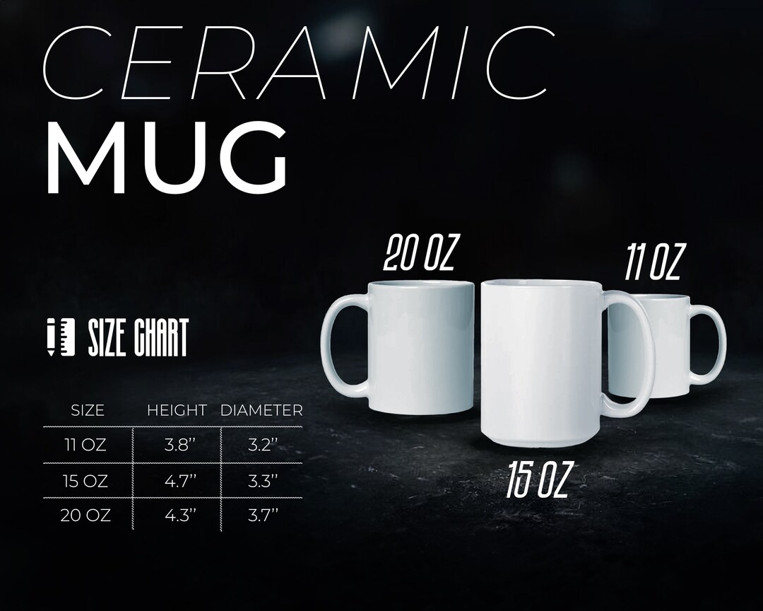 Mug Size Chart 11, 15, 20 Oz Coffee Cup Mockup, Sizing for Ceramic