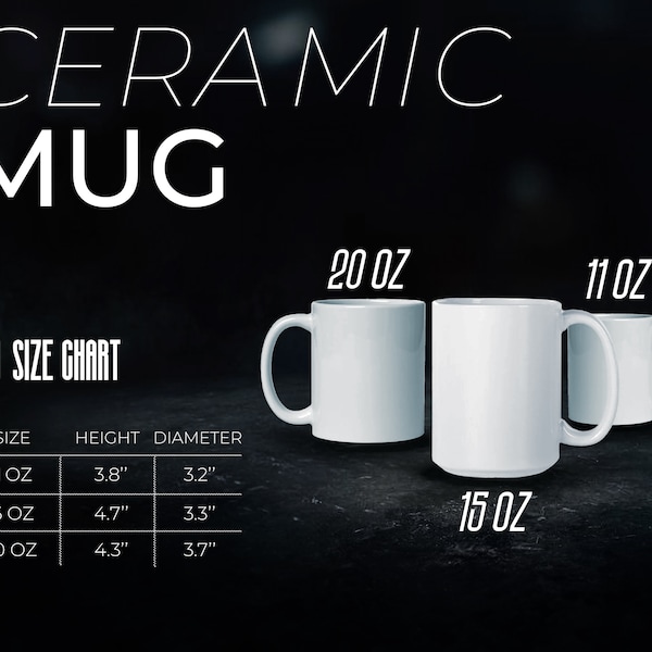 Mug Size Chart 11, 15, 20 oz Coffee Cup Mockup, Sizing for Ceramic Teacup Size Mock Up Measurement for Printify Print on Demand Mug