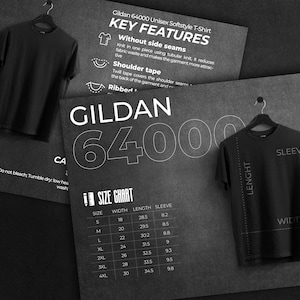 Gildan 64000 size chart and key features bundle, About This Shirt Listing File, Downloadable washing instructions