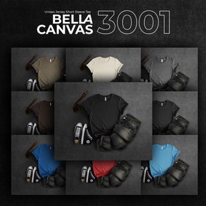 Carta de colores del paquete de maquetas Bella Canvas 3001, maquetas de camisetas planas con impresión bajo demanda de 35 colores impresos, diseño elegante, efecto negro