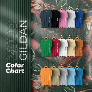 Carta de colores Gildan 2000, archivos editables completos, carta de maquetas de camisetas para impresión bajo demanda, carta de colores Printful