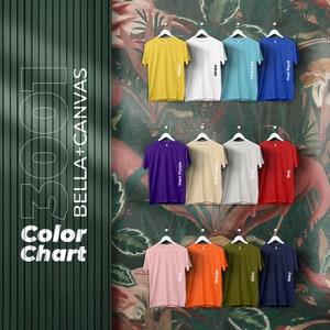 Carta de colores Bella Canvas 3001, archivos editables completos, efecto de patrón, gráfico de maquetas de camisetas para impresión bajo demanda, gráfico de colores impreso