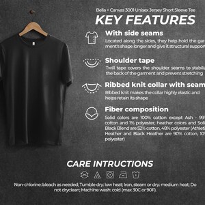 Bella Canvas 3001 About This Shirt Listing File, Tableau des tailles 3001, Instructions de lavage et informations sur le matériau téléchargeables