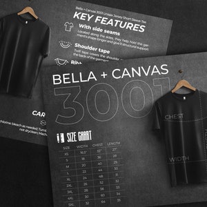 Tabla de tallas de Bella Canvas 3001 y paquete de características clave, Acerca de este archivo de lista de camisas, Instrucciones de lavado descargables
