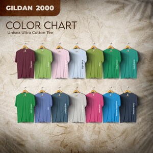 Carta de colores Gildan 2000, archivos editables completos, carta de maquetas de camisetas para impresión bajo demanda, carta de colores Printful