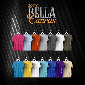 Bella canvas 3001Y Efecto techo, carta de colores, archivos editables completos, carta de maquetas de camisetas para impresión bajo demanda, carta de colores impresa