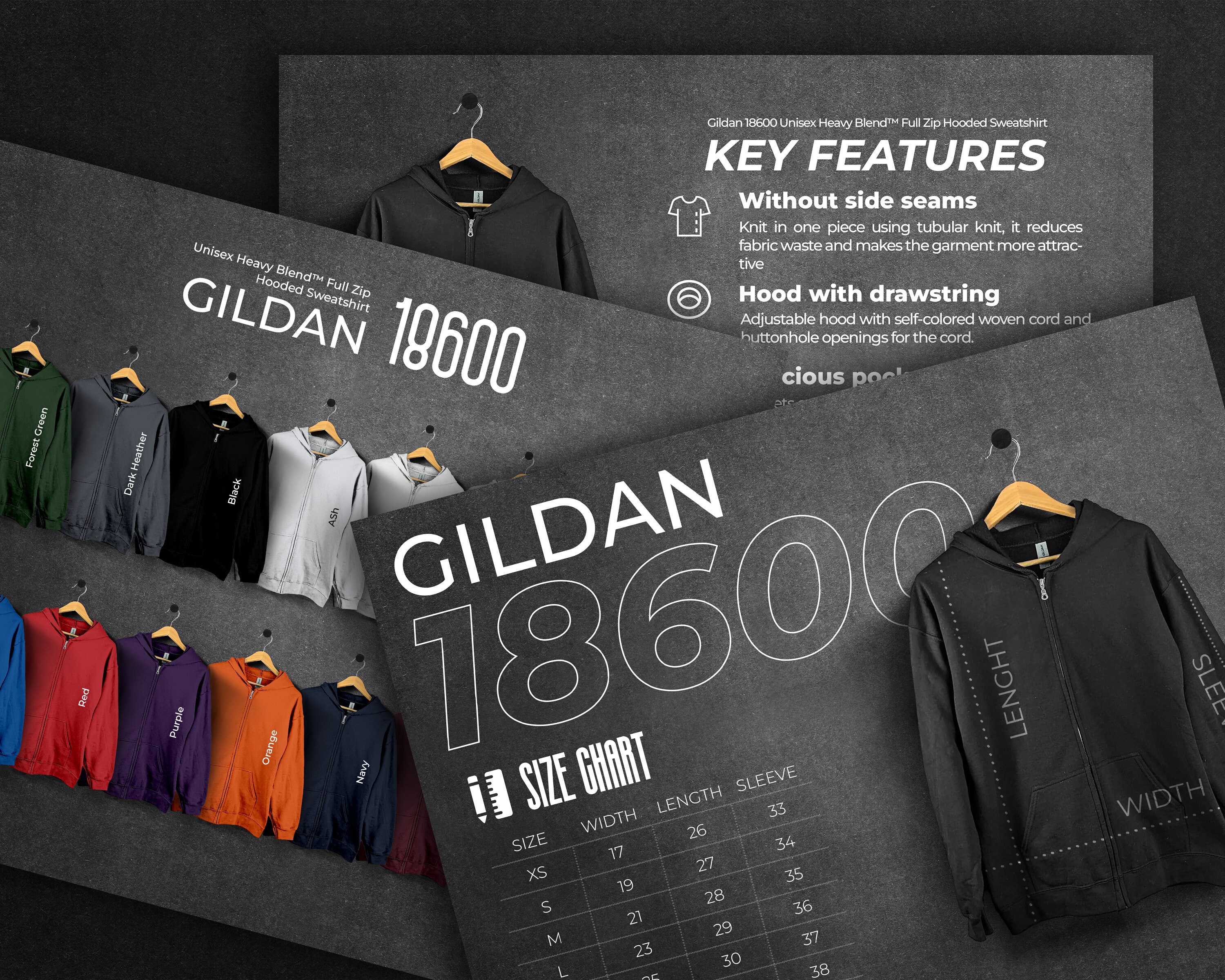 Gildan 18600 Size Chart and Color Chart, Key Features Listing Files ...