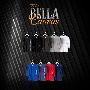 Bella canvas 3501y Efecto techo, carta de colores, archivos editables completos, carta de maquetas de camisetas para impresión bajo demanda, carta de colores impresa