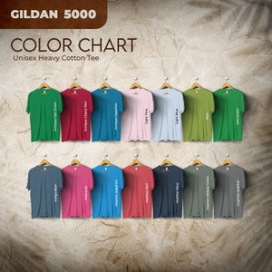 Carta de colores con efecto Gildan 5000 Brown, archivos editables completos, carta de maquetas de camisetas para impresión bajo demanda, carta de colores impresa