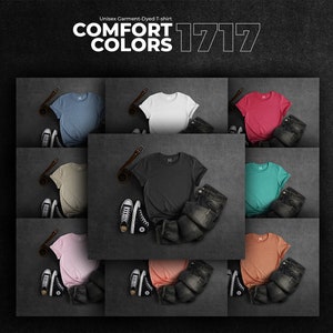 Carta de colores del paquete de maquetas Comfort Colors 1717, 73 maquetas de camisetas planas con impresión bajo demanda, diseño elegante, efecto negro