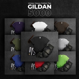 Carta de colores del paquete de maquetas Gildan 5000, 64 colores Printful, maquetas de camisetas planas de impresión bajo demanda, diseño elegante, efecto negro