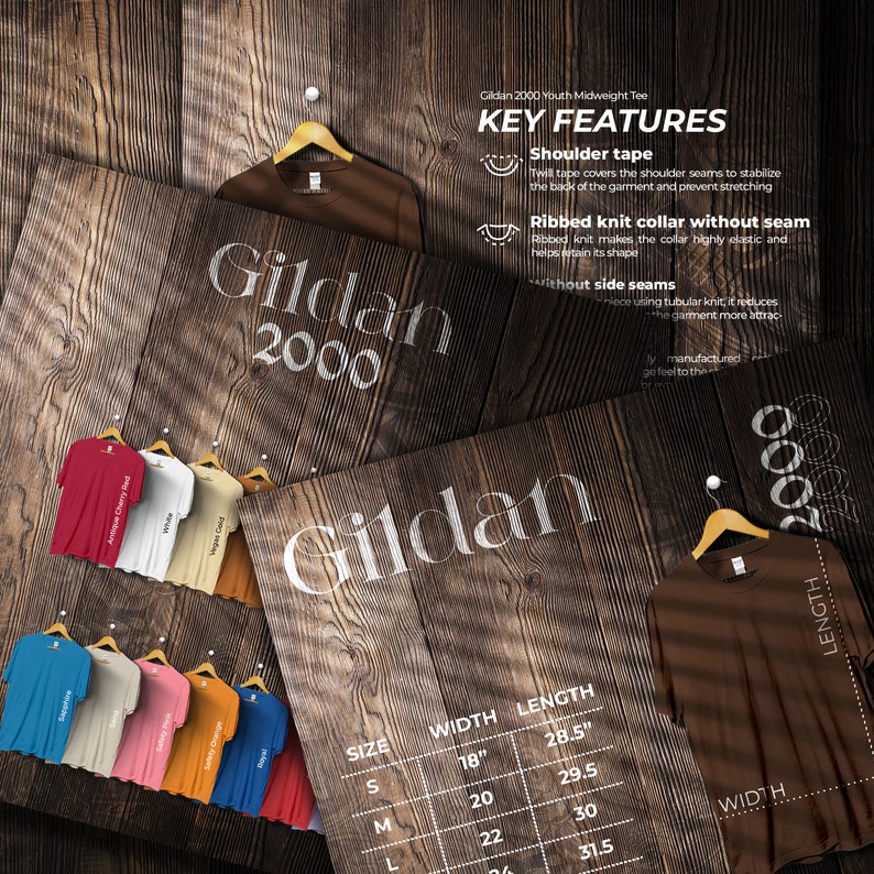 Gildan 2000 Size Chart and Color Chart, Key Features Listing Files