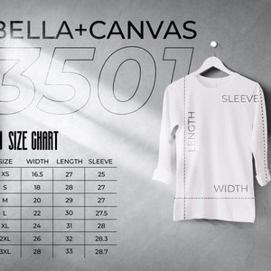 Tabla de tallas de Bella Canvas 3501, efecto de luz, medidas de la camiseta, tabla de tallas 3501, camiseta de manga larga de jersey unisex, tabla de tallas de Bella Canvas