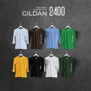 Carta de colores Gildan 2400, archivos editables completos, carta de maquetas de camisetas para impresión bajo demanda, carta de colores Printful