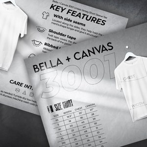 Bella canvas 3001 size chart and key features bundle, Light effect, About This Shirt Listing File, Downloadable washing instructions