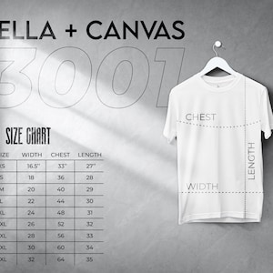 Tabla de tallas Bella Canvas 3001, Efecto de luz, Medidas de la camiseta, Tabla de tallas 3001, Camiseta de punto unisex, Tabla de tallas Bella Canvas, SKU SC012