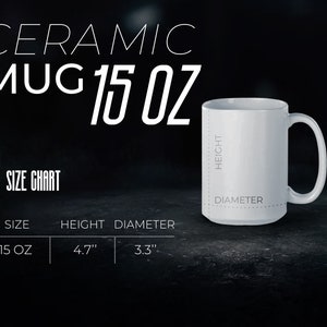 Tabla de tamaños de taza Maqueta de taza de café de 15 oz, tamaño para taza de té de cerámica Medición simulada para Printify Taza de impresión bajo demanda