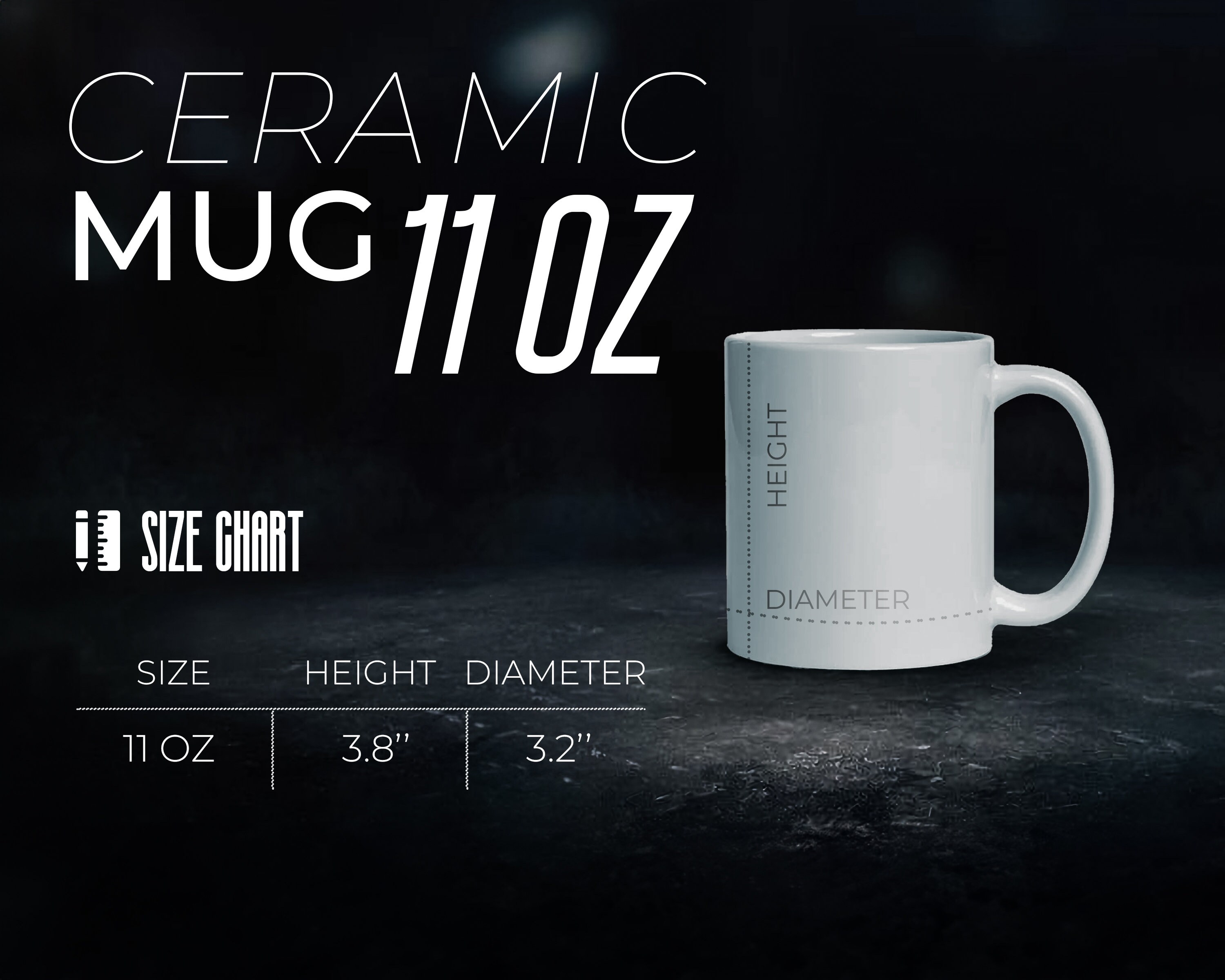 Mug Size Chart 11, 15, 20 Oz Coffee Cup Mockup, Sizing for Ceramic