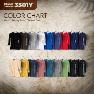 Bella canvas 3501y Efecto marrón, carta de colores, archivos editables completos, carta de maquetas de camisetas para impresión bajo demanda, carta de colores impresa