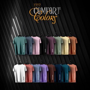 Carta de colores Comfort Colors 1717, efecto techo, archivos completamente editables, carta de maquetas de camisetas para impresión bajo demanda, carta de colores Printful