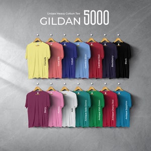 Carta de colores de efectos de luz Gildan 5000, archivos editables completos, carta de maquetas de camisetas para impresión bajo demanda, carta de colores impresa