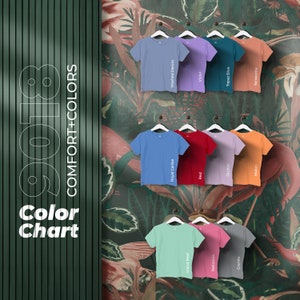 Efecto de patrón Comfort Colors 9018, carta de colores, archivos editables completos, carta de maquetas de camisetas para impresión bajo demanda, carta de colores Printful