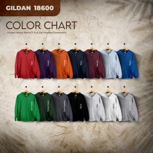 Carta de colores Gildan 18600, archivos editables completos, carta de maquetas de sudaderas para impresión bajo demanda, carta de colores Printful