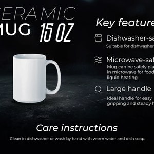 Acerca de este archivo de listado de tazas Taza de café de 15 oz, tamaño para taza de té de cerámica Medición simulada para Printify Taza de impresión bajo demanda