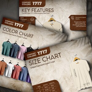 Kit de loja Comfort Colors 1717, tabela de tamanhos e tabela de cores, pacote de arquivos de listagem de recursos principais, pacote marrom, edição profissional, fácil de editar