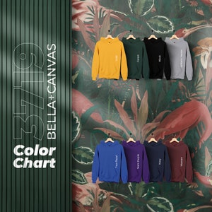 Carta de colores Bella Canvas 3719 Pattern Effect, archivos editables completos, gráfico de maqueta con capucha Heather Mauve para impresión bajo demanda, colores impresos