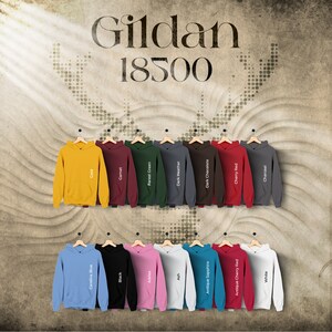 Carta de colores Gildan 18500, archivos editables completos, gráfico de maqueta con capucha Heather Mauve para impresión bajo demanda, carta de colores impresa Deer