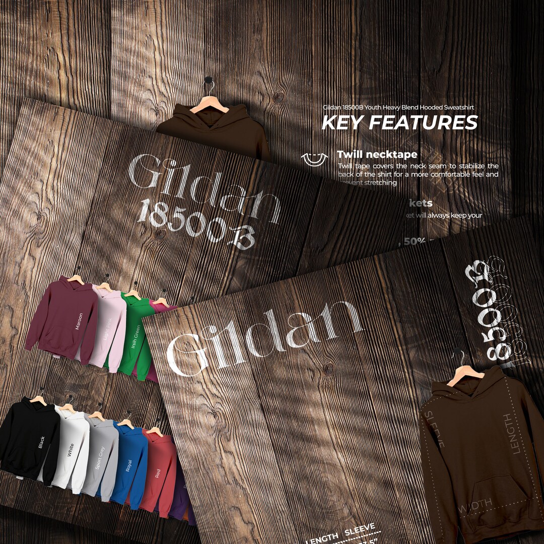 Gildan 18500b Size Chart and Color Chart, Key Features Listing Files ...