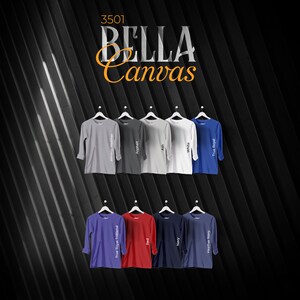 Bella canvas 3501 Efecto techo, carta de colores, archivos editables completos, carta de maquetas de camisetas para impresión bajo demanda, carta de colores impresa