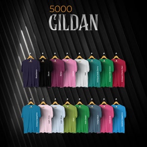 Carta de colores con efecto de techo Gildan 5000, archivos editables completos, carta de maquetas de camisetas para impresión bajo demanda, carta de colores impresa