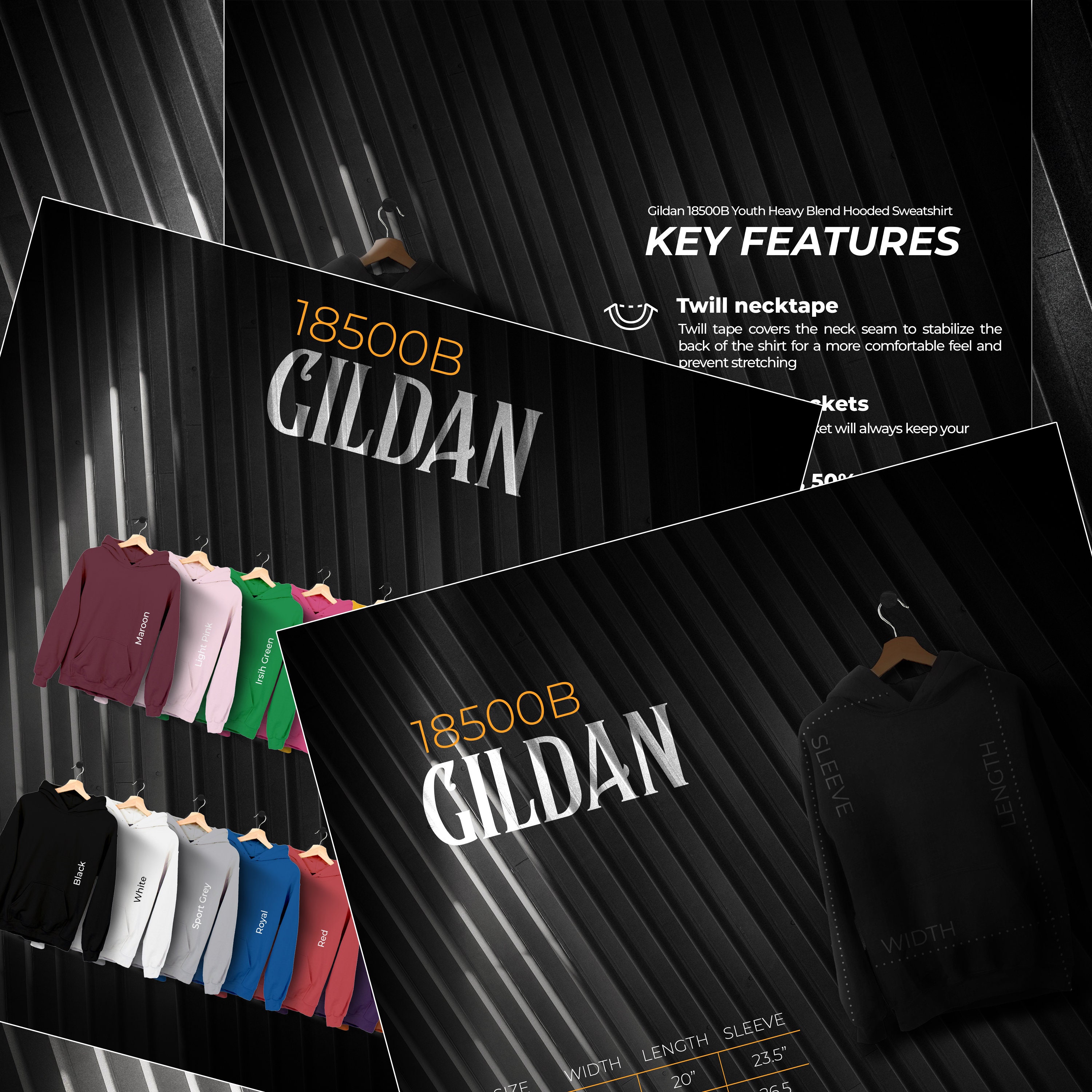 Gildan 18500b Size Chart and Color Chart, Key Features Listing Files