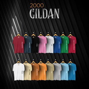 Carta de colores Gildan 2000, archivos editables completos, carta de maquetas de camisetas para impresión bajo demanda, carta de colores Printful