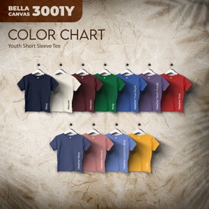 Bella canvas 3001Y Efecto marrón, carta de colores, archivos editables completos, carta de maquetas de camisetas para impresión bajo demanda, carta de colores impresa
