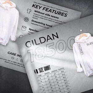 Gildan 18500 size chart and key features bundle, Light effect, About This Sweatshirt Listing File, Downloadable washing instructions