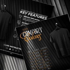 Tabla de tallas Comfort Colors 1717 y paquete de características clave, Efecto techo, Acerca de este archivo de listado de camisetas, Instrucciones de lavado descargables