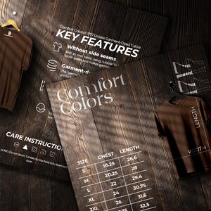 Tabla de tallas Comfort Colors 1717 y paquete de características clave, Efecto madera, Acerca de este archivo de listado de camisetas, Instrucciones de lavado descargables