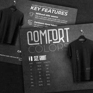 Comfort Farben 1717 Größentabelle und Hauptmerkmale Bundle, Über diese Shirt Listing File, Herunterladbare Waschanleitungen