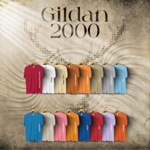 Carta de colores Gildan 2000, archivos editables completos, carta de maquetas de camisetas para impresión bajo demanda, carta de colores Printful Deer
