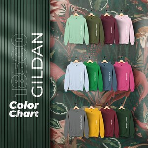 Carta de colores Gildan 18500, archivos editables completos, carta de maqueta con capucha Heather Mauve para impresión bajo demanda, carta de colores Printful