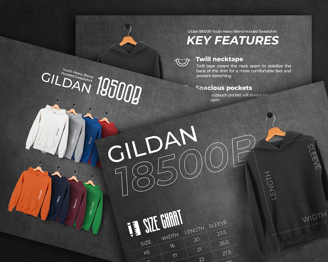 Gildan 18500b Size Chart and Color Chart, Key Features Listing Files