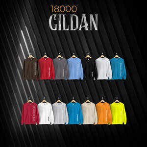 Carta de colores Gildan 18000, archivos completamente editables, efecto techo, carta de maquetas de sudaderas para impresión bajo demanda, carta de colores Printful